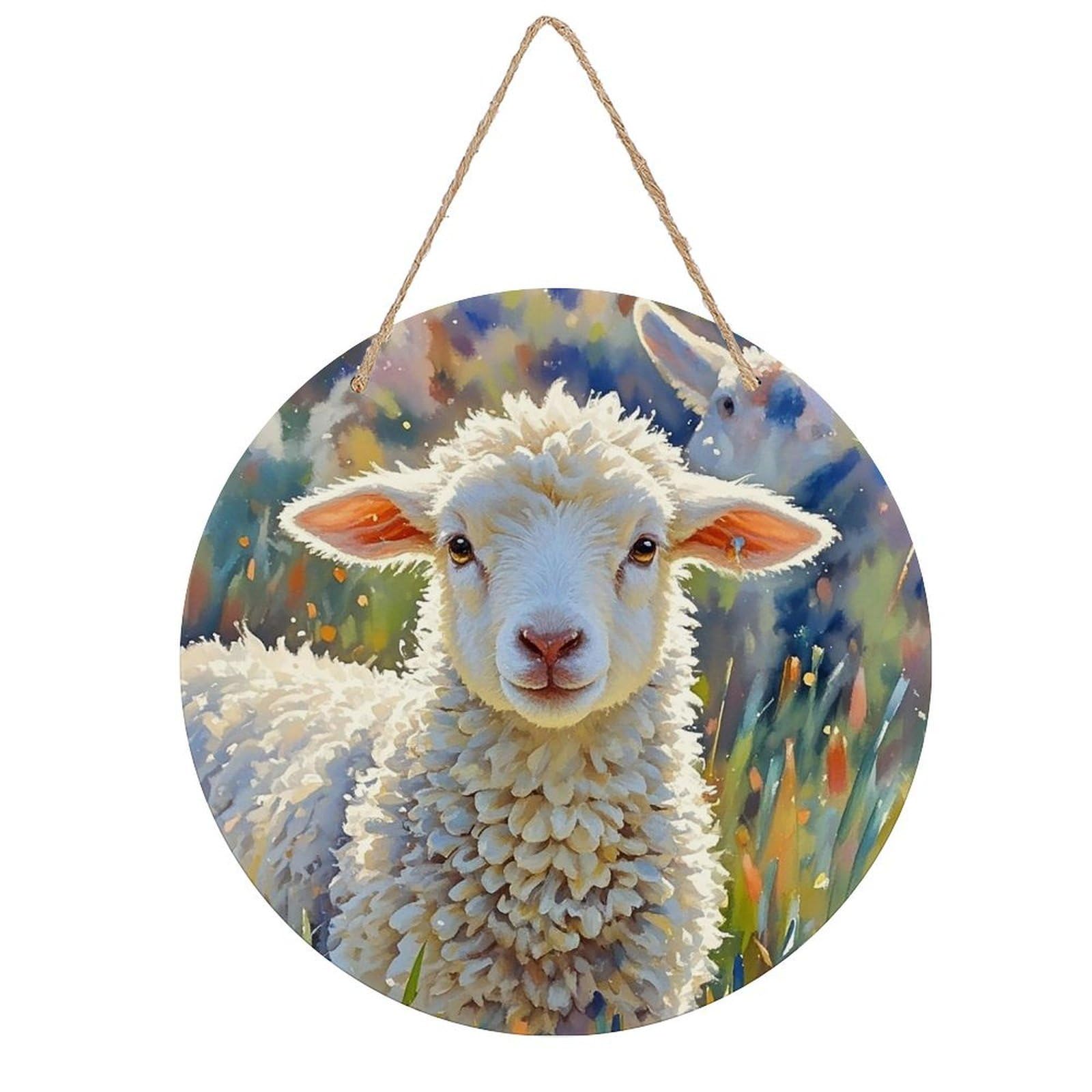 VstaDank Color Sheep Wooden Wall Art Decor Round Wood Plaque Wooden Door Hanger Sign with Hole And Hanger Rope Trend Wood Decorative Paintings for Home Outdoor Indoor 7.87 Inch