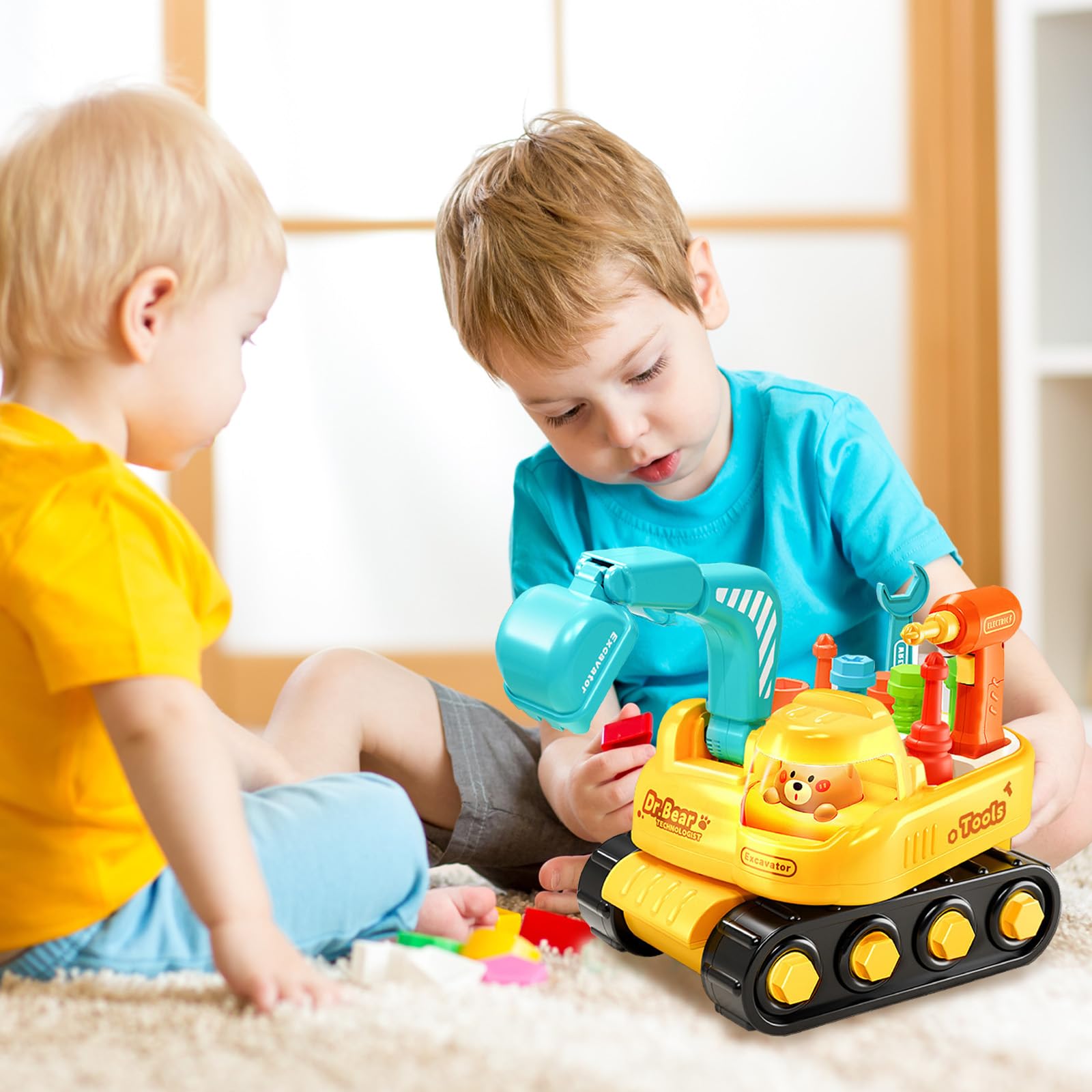 Pelleteuse Enfant, Bricolage Engin de Chantier Enfant avec LED éclairage & Musique, DIY Educatif Montessori Creatif Tracteur Jouet, Etabli avec Visseuse Perceuse Outilsenfant Cadeau Garcon 4 ans