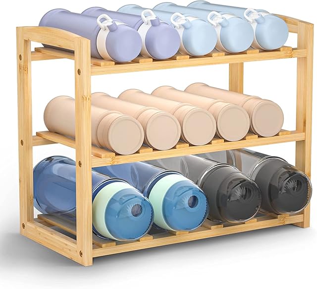 CALM COZY Bamboo Water Bottle Holder, Water Bottle Organizer Rack Holding Up To 15 Bottles For Kitchen Countertop, Cabbinet And Pantry