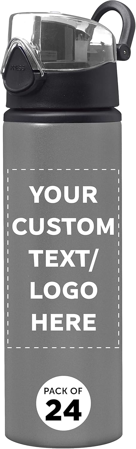 DISCOUNT PROMOS Custom Aluminum Water Bottles with Carabiner 25 oz. Set of 24, Personalized Bulk Pack - Refillable, Great for Gym, Hiking, Cycling, School - Silver