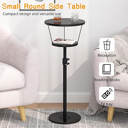 Miniatura 5 de Mesa auxiliar pequeña, mesa de bebida de 2 niveles, mesa auxiliar redonda ajustable en altura, mesa auxiliar de pedestal para espacios pequeños en