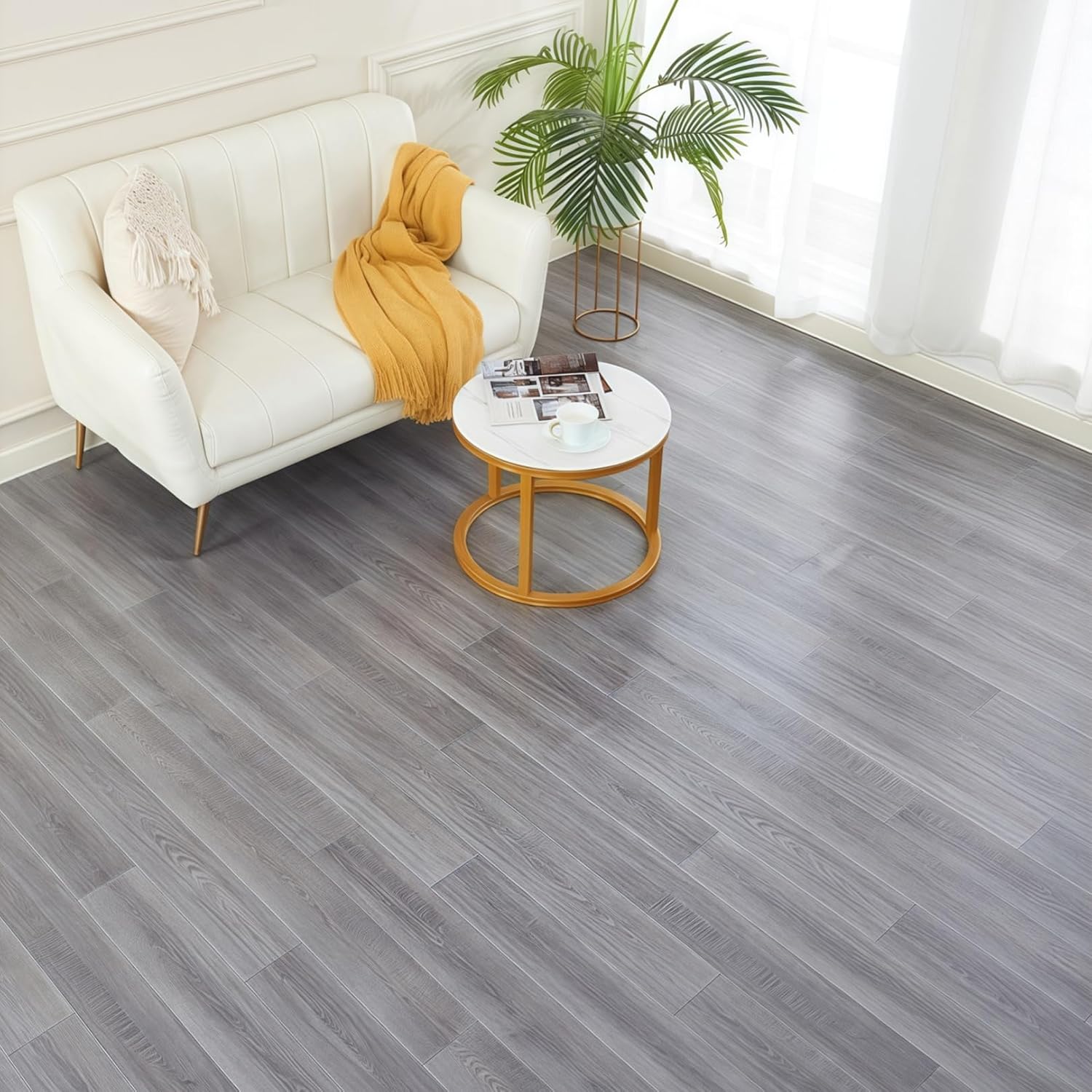 ZenVision フロアマット 木目 グレー 江户間4.5畳 2.4mm フローリングカーペット 置くだけ 防水 防火 滑り止め