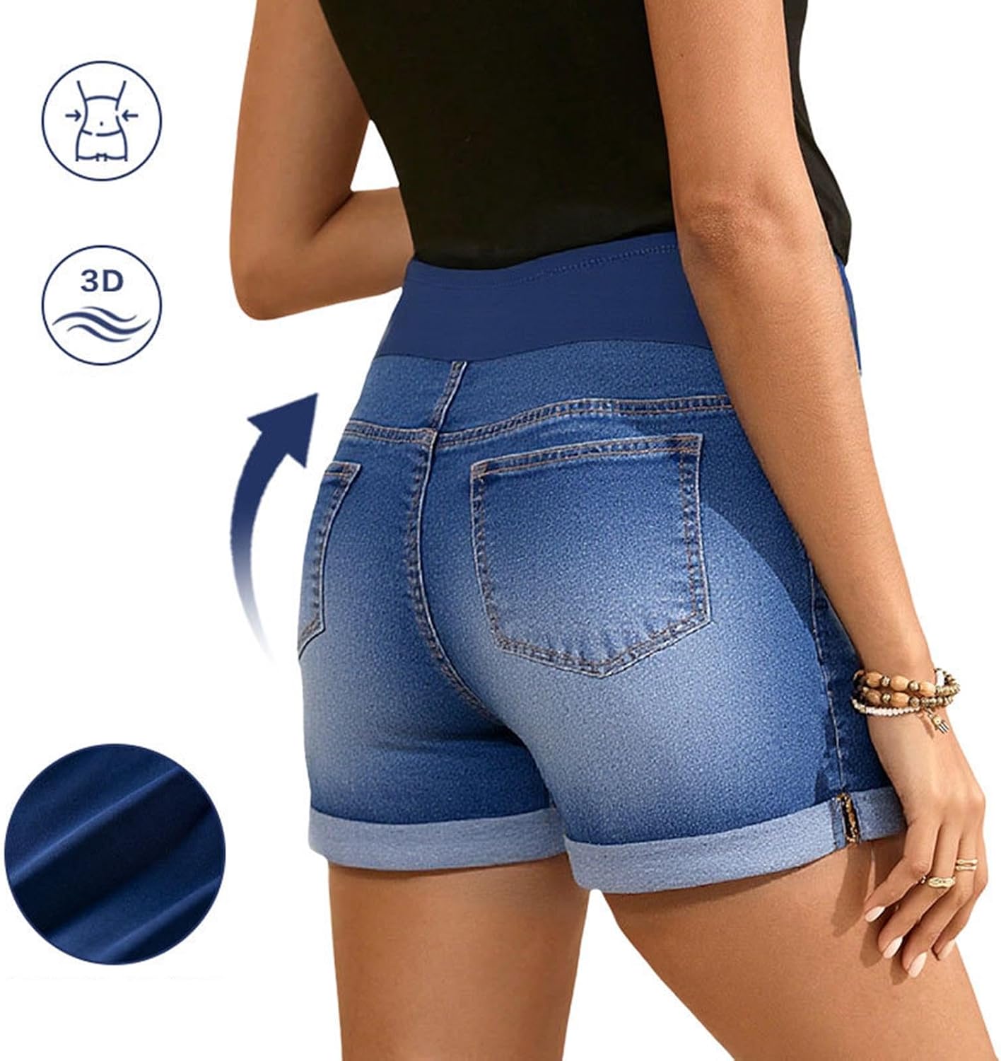 Women's Denim Shorts Maternity Jean Over Belly Bump Support Stretch Cuffed | Summer Rolled Hem Pregnancy Bottoms with Pockets