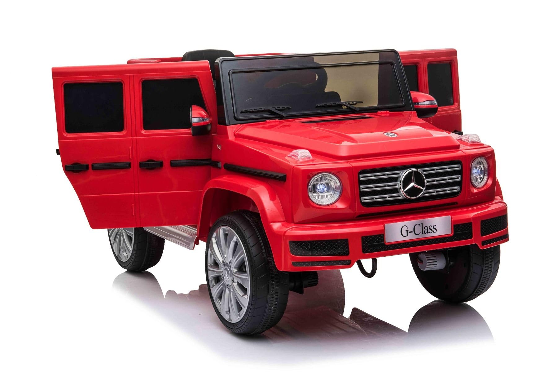 Samochód elektryczny Mercedes G500 12 V, czerwony, pilot 2,4 GHz, wejście USB/SD, tylne zawieszenie, bateria litowa, oświetlenie LED, oryginalna licencja