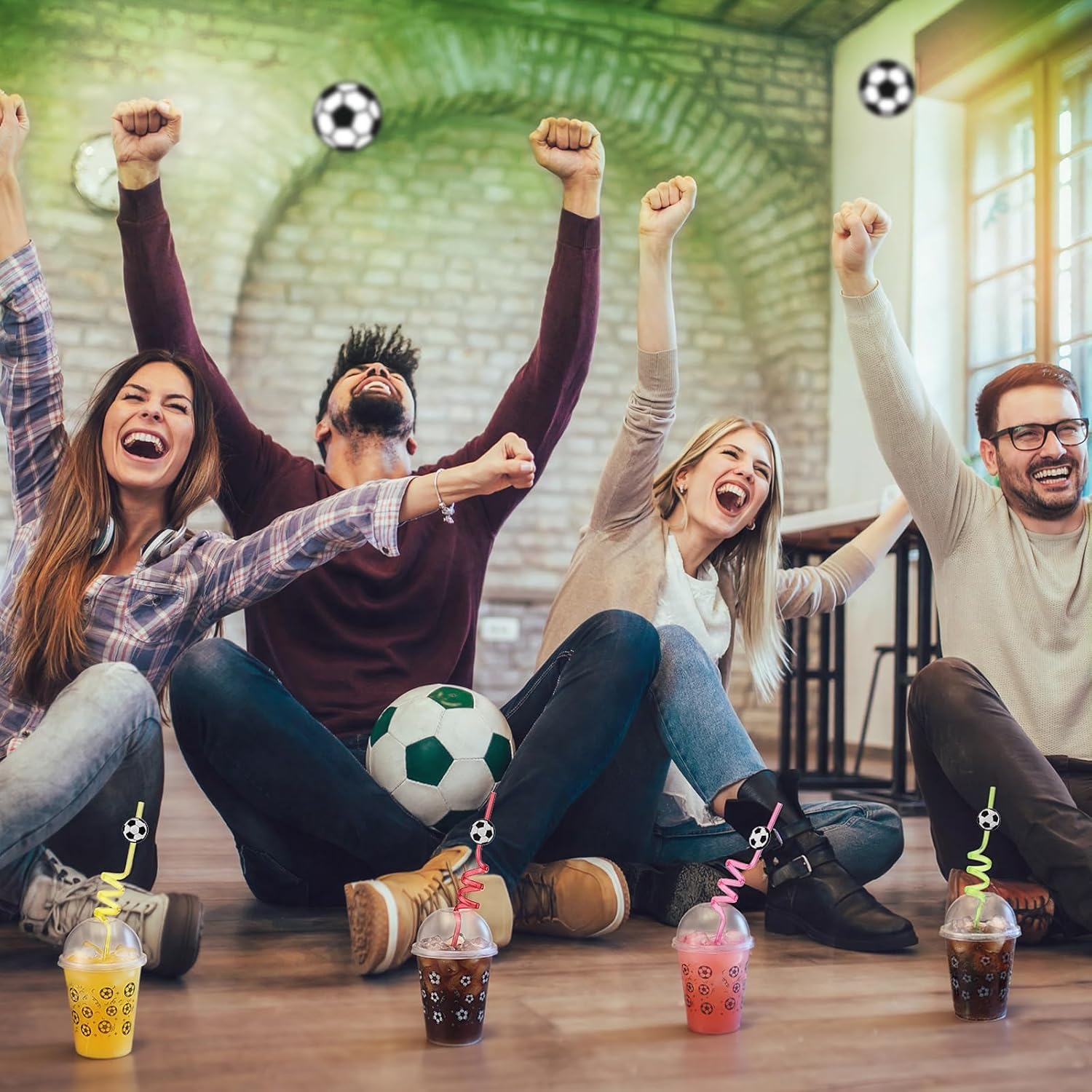 64 Pack Soccer Party Plastic Cups with Lids and Straws, 12 oz Clear Drinking Cups Bulk Tailgate Sports Party Decorations for Birthday, Holiday, Game Day, and Team Events