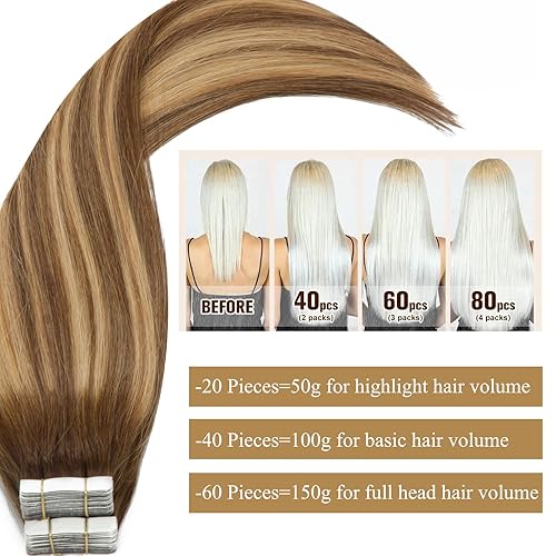 Miniatura 6 de Loxxy Extensiones de cabello humano con cinta, invisible, brasileño, natural, degradado, marrón chocalate, que se desvanece a rubio fresa,