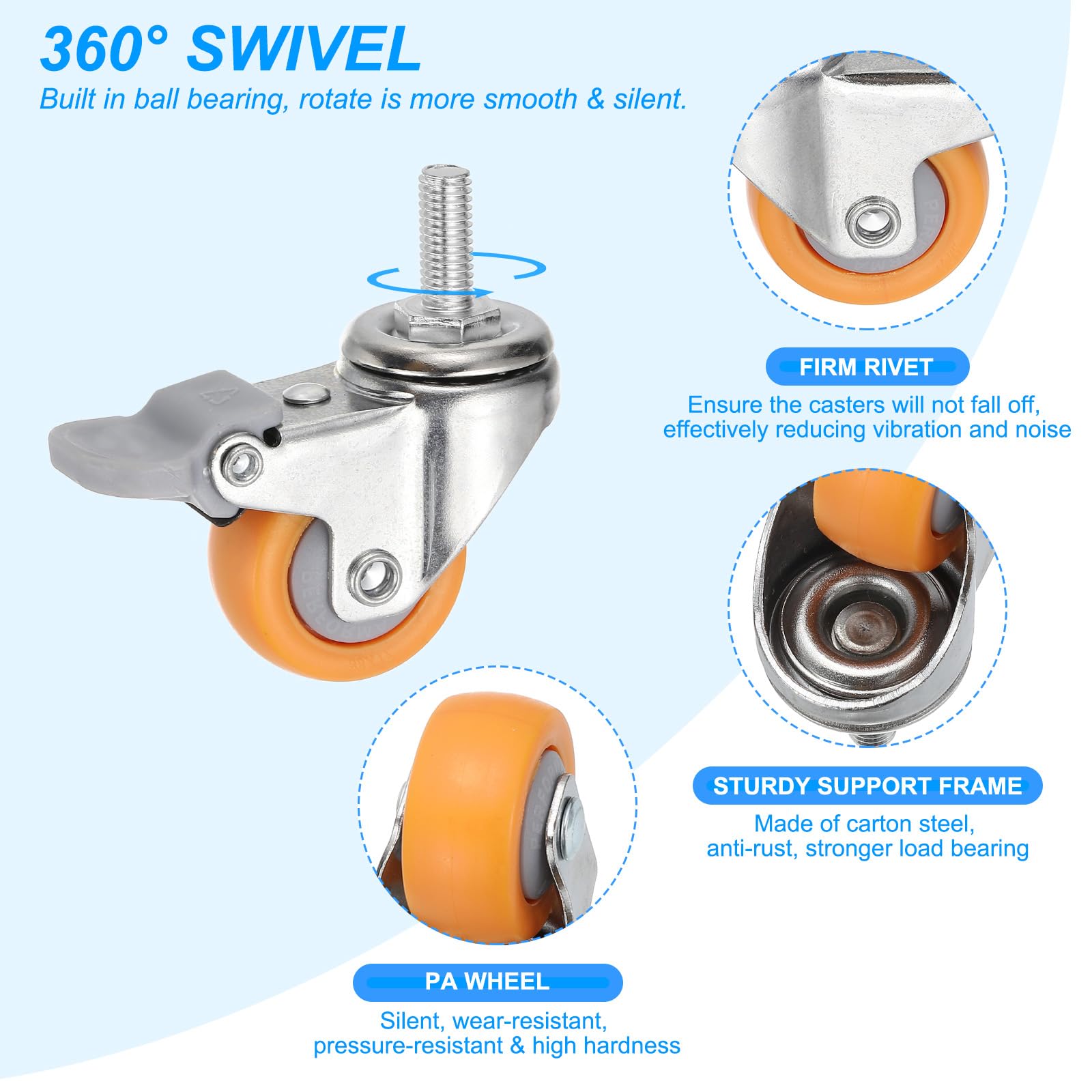 4 Pack Of 2 Inch Stem Casters, Abuff M10 Heavy Duty Swivel - View #7