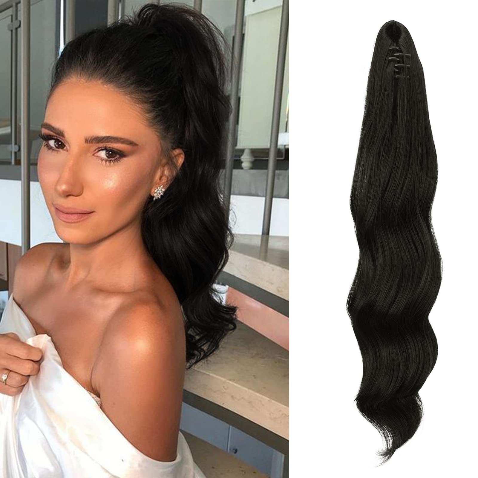 Photo 1 of FESHFEN Ponytail Extensions 20 inch Long Wave Ponytail Claw Clip in Pony Tail Hair Extensions Natural Black Wavy Ponytails Synthetic Hairpieces for Women Girls 20 Inch Wavy Ponytail 2# Natural Black