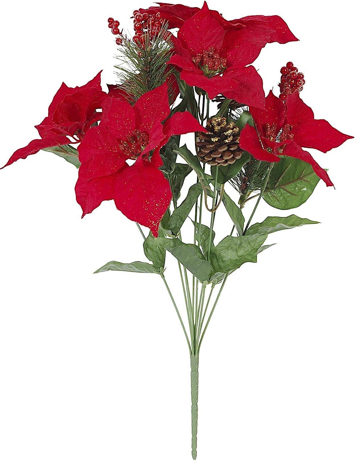 Mixed Poinsettia Bush W Pine Needle Pinecone Berry 18 Inch, 1 Ea