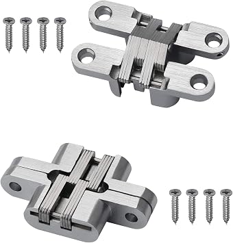 2 Pack 1.1 * 4.65 in Hidden Hinge Invisible Concealed Cross Hinges 180 Degree Folding Door Cross Zinc Alloy Hidden Hinges Swing Invisible Hinge for Cabinet, Cupboard,Wooden Box,with Screws-S5