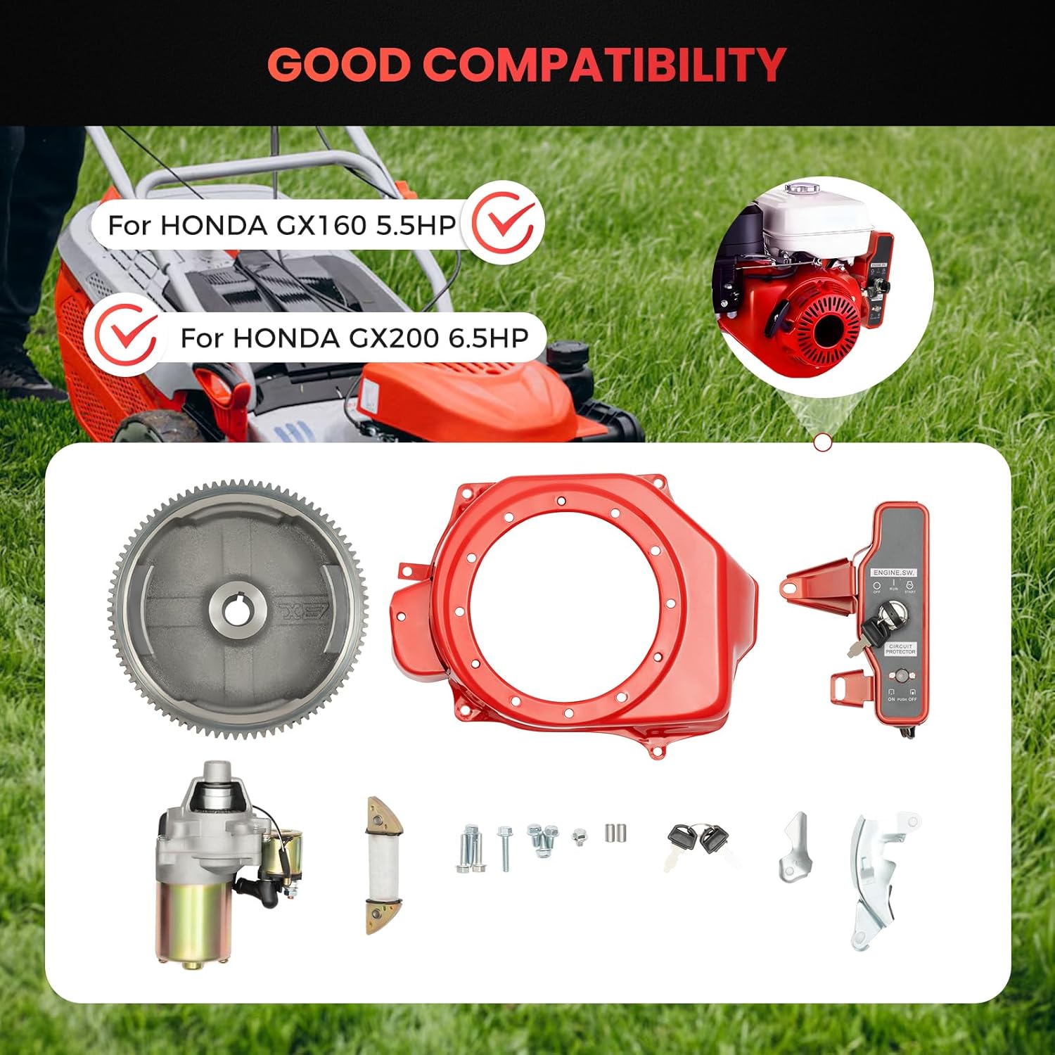 Electric Starter Motor Kit for Honda GX160/GX200 5.5HP 6.5HP Engine Flywheel Starter Charge Ignition Coil Switch Small Engines Key Box Electric Starters Motor