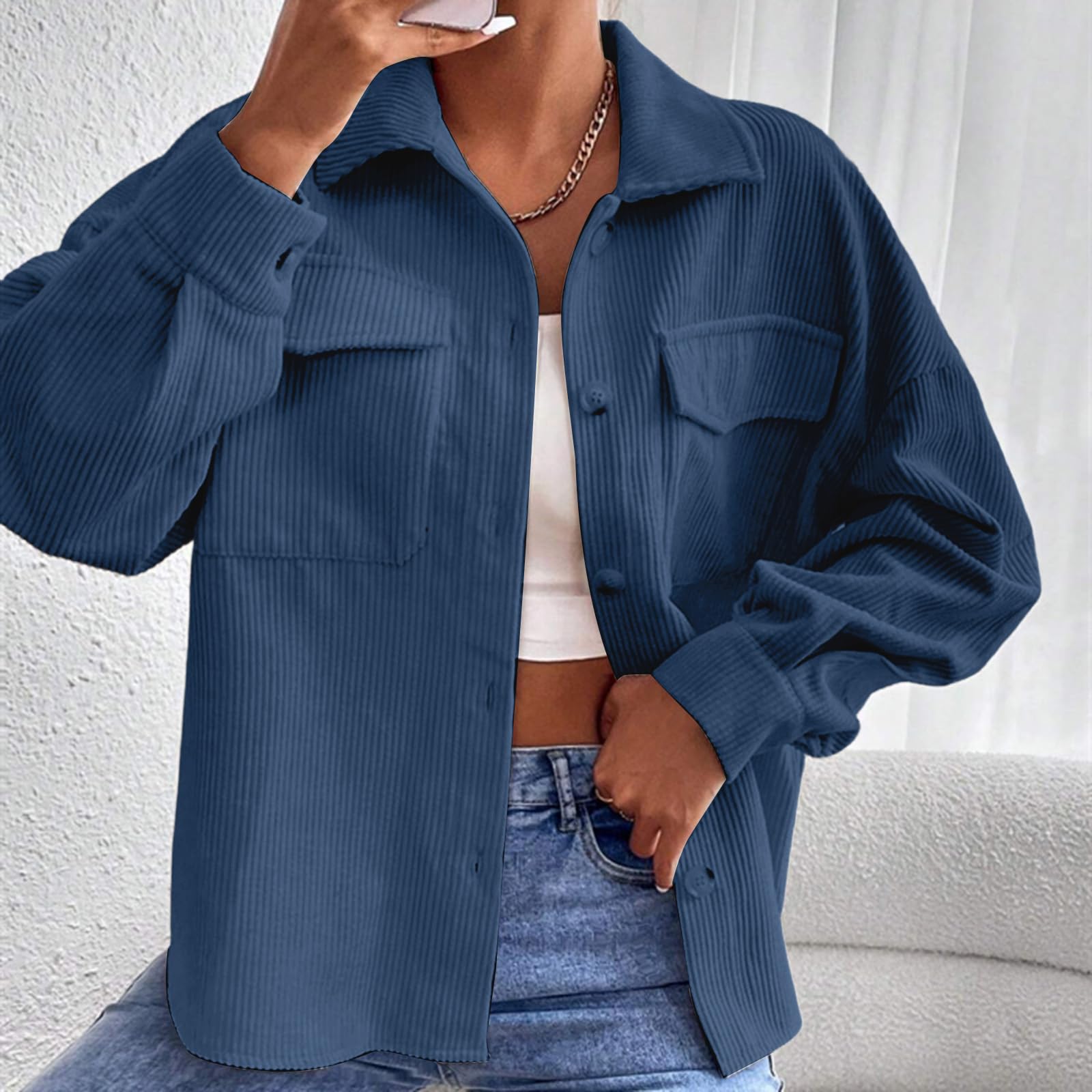 Cardigan bleu marine surdimensionné en velours côtelé pour femme, veste chemise à manches longues, couleur unie, boutonnée sur le devant, coupe décontractée, manteau décontracté en velours côtelé pour
