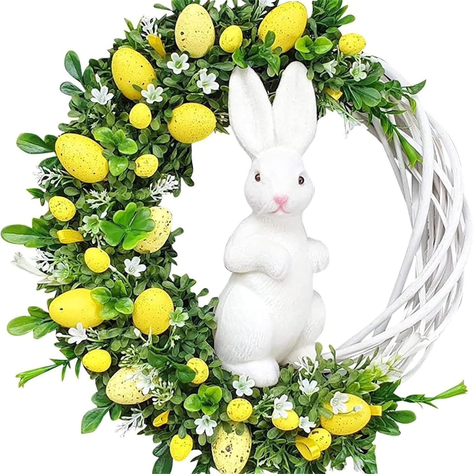 Zbello Yellow Rabbit 40Cm Easter Wreath For Front Door,Easter Decorating Rattan Circle Wreaths,Ornaments Cute Bunny Shape Decorations,Easter Egg Wreath Artificial Flower Wreath Front (35X40cm,)