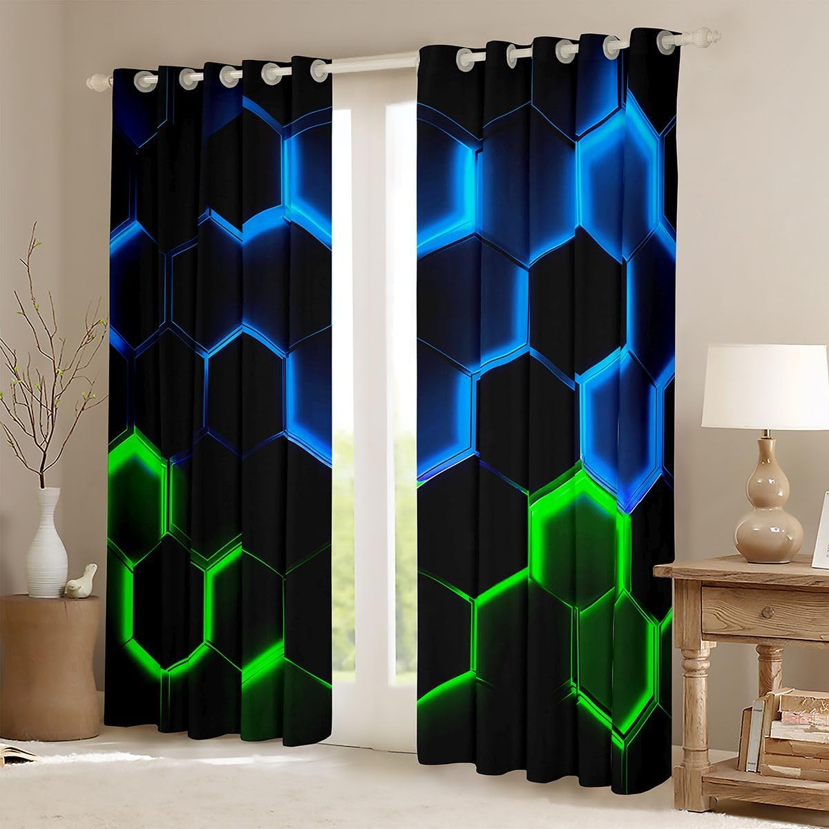 Honeycomb Window Curtain,Geometric Hexagon Theme Curtains,Green Blue Neon Lights Window Treatment Curtain,Boys Teen Man Chic Creative Home Window Drapes,Top 2 Panel,42Wx63L,Black