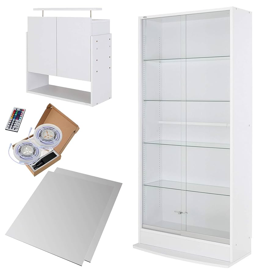 jajan コレクションケース フィギュアラック (LED付き) RGB LED ミラーセット ( ＋ ミラー2枚 本体ハイタイプ 引き戸 幅