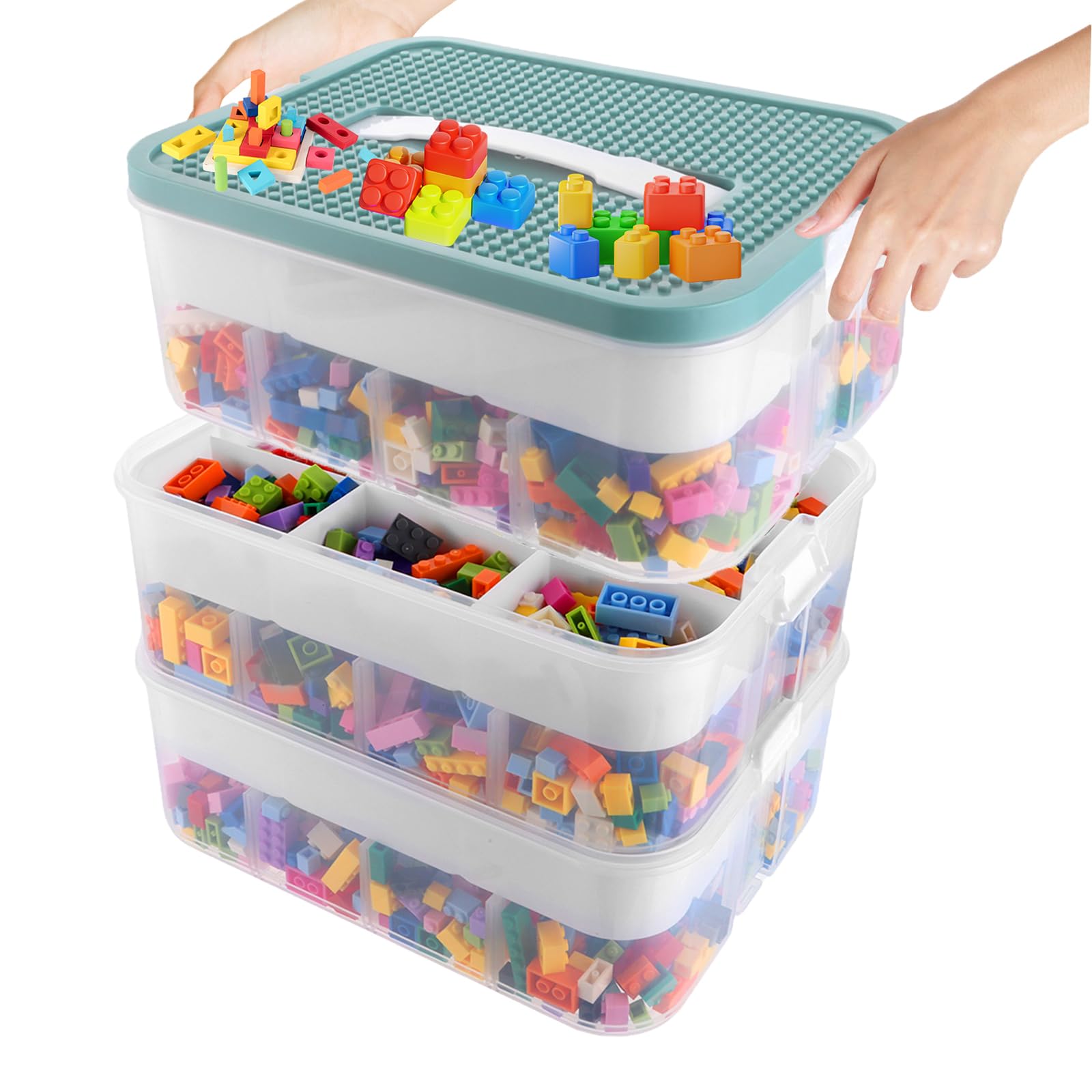 Boite Rangement, Boite de Rangement, Boite de Rangement Empilable Vert, 3 Niveaux Boite Rangement Plastique, Boite Rangement Plastique avec Couvercle pour Blocs de Construction