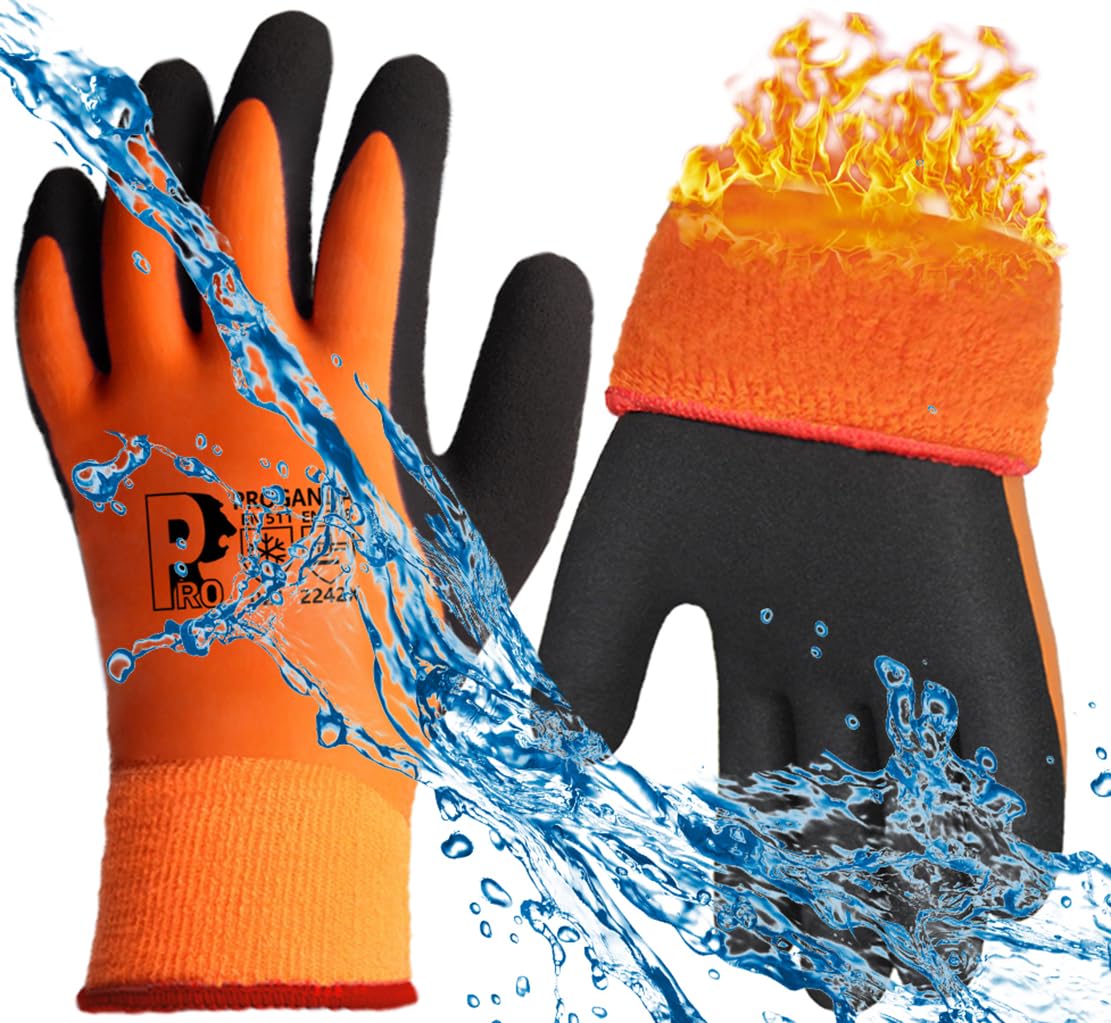 Waterproof Thermal Winter Work Gloves Fleece Liner Insulated Warm for Cold Weather Gardening Outdoor Car Washing Fishing Multipurpose (Orange -Grip Waterproof Thermal, XL (Pack of 1))