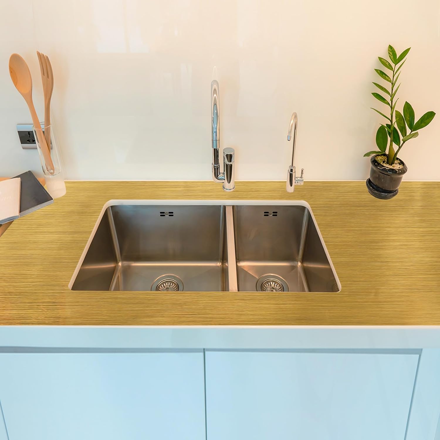 uxcell Brushed Gold Contact Paper 31.5" x 394" Self-Adhesive Brushed Metal Style Wallpaper Waterproof Peel and Stick Countertops for DIY Kitchen Countertop Cabinet Bathroom