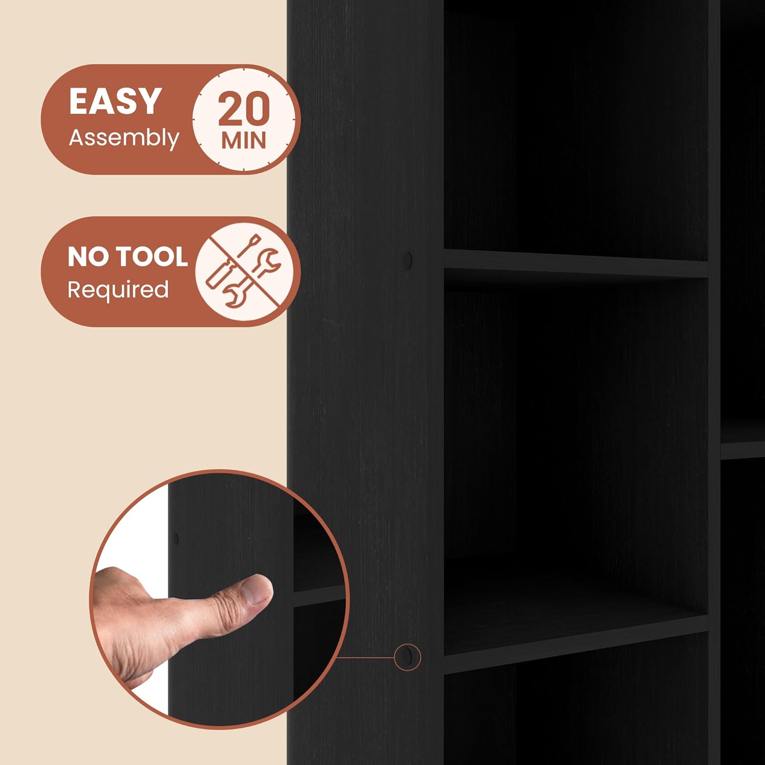 19.5" x 9.4" x 31.5" Wood Montessori Book Shelf with 5 Cube, Wooden Toddler Toy Organizers and Storage with Five Storage Cube, Toy and Book Storage for Kids, Black