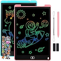 Damcyer Tavoletta Grafica LCD Scrittura 12 Pollici-2 Pezzi,LCD Tavoletta Grafica Bambini con Schermo Colorato,Taccuino Cancellabile con Adesivi Animali,per Ragazzi e Ragazze di età 3 4 5 6,Blu+Rosa