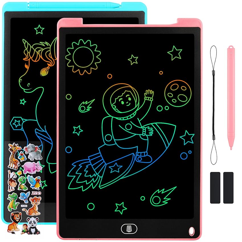 Damcyer Tavoletta Grafica LCD Scrittura 12 Pollici-2 Pezzi,LCD Tavoletta Grafica Bambini con Schermo Colorato,Taccuino Cancellabile con Adesivi Animali,per Ragazzi e Ragazze di età 3 4 5 6,Blu+Rosa
