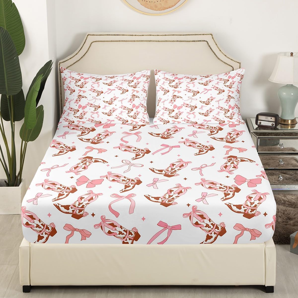 Cowgirl Bedding Set Twin Size Western Cowboy Tribal Boots Rustic Brown Cowhide Bed Set for Teens Kids Sheet Princess Pink Bowknots Starry Pink White Bed Cover(1 Fitted Sheet+1 Pillow Case)