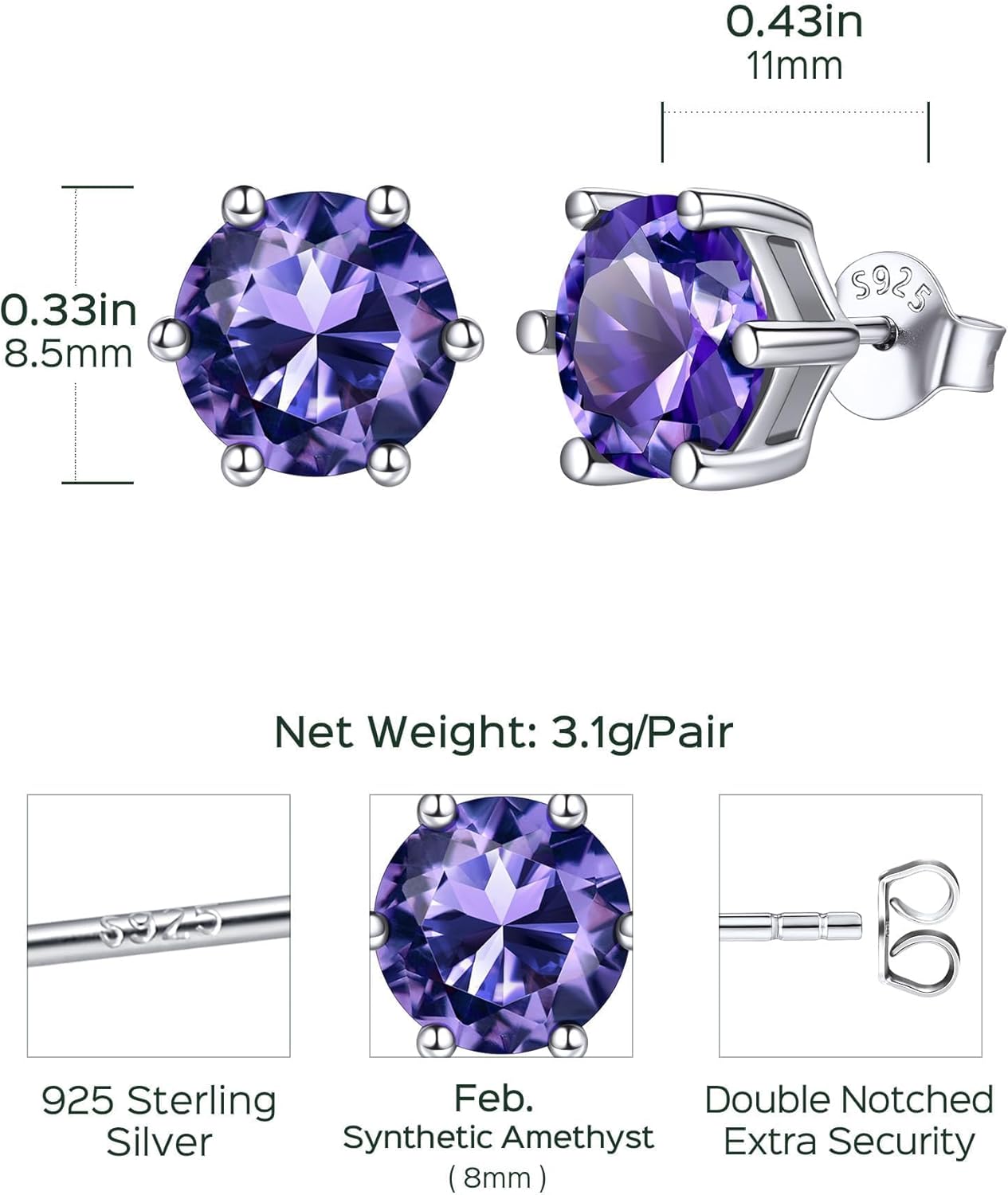 ChicSilver 925 Sterling Silver Birthstone Earrings for Women, 8MM/2 Carat Heart, Round & Princess Cut CZ Stud Earrings, Hypoallergenic Jewelry, Ideal Birthday or Christmas Gifts - Image 9