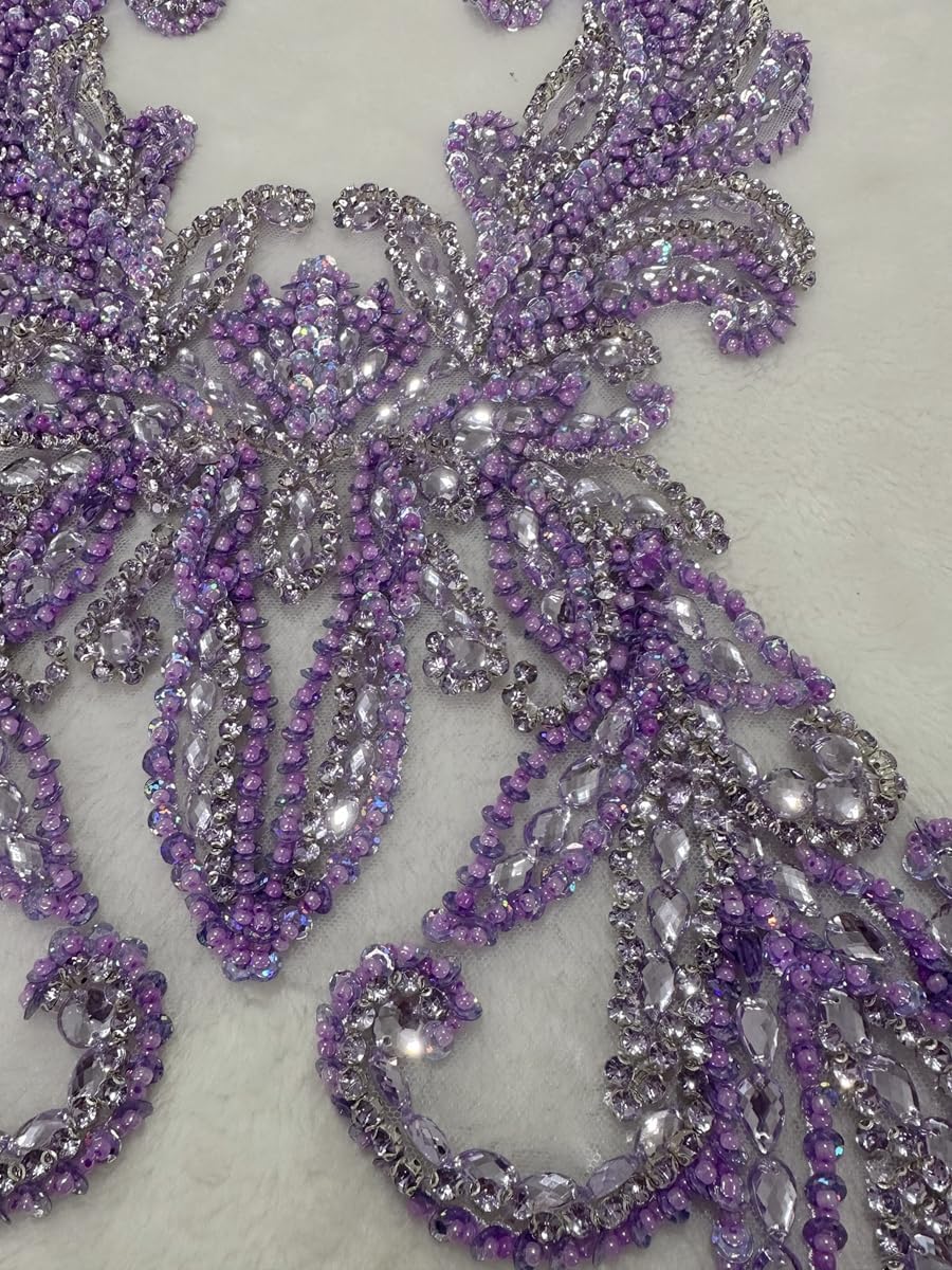 Pure Handmade Rhinestones Beads Applique sew on Crystal Sequins lace Trim Patches Accessories for Dress Clothing Shiny Bead Decorative Material 14.5X18.5inches (Violet)