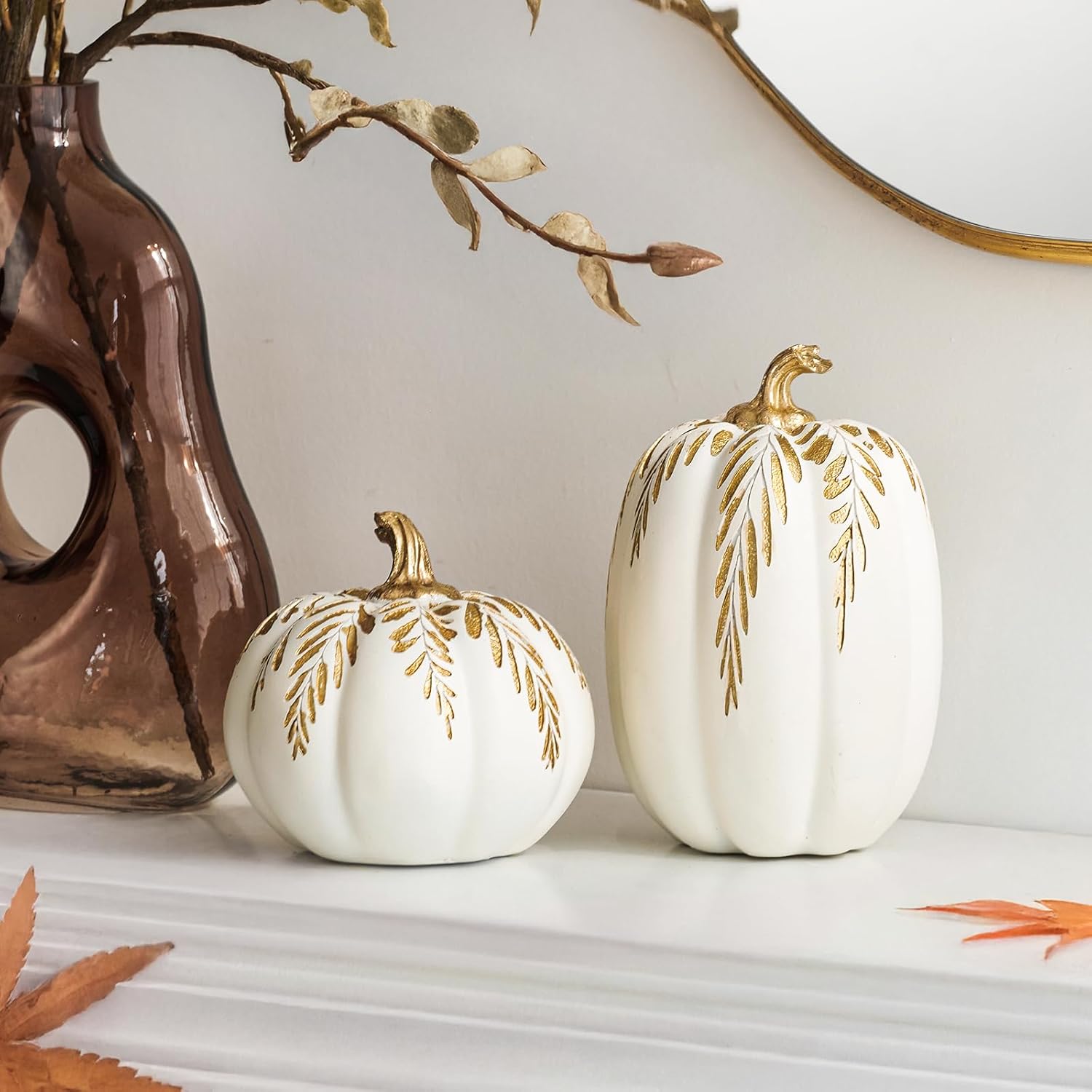 DN DECONATION Fall Pumpkin Decor, 2 PCS Resin Thanksgiving Fake Pumpkin Figurines, White Pumpkins for Decorating with Carved Gold Leaves for Home, Farmhouse, Harvest Autumn Table Centerpiece White & Gold Leaves