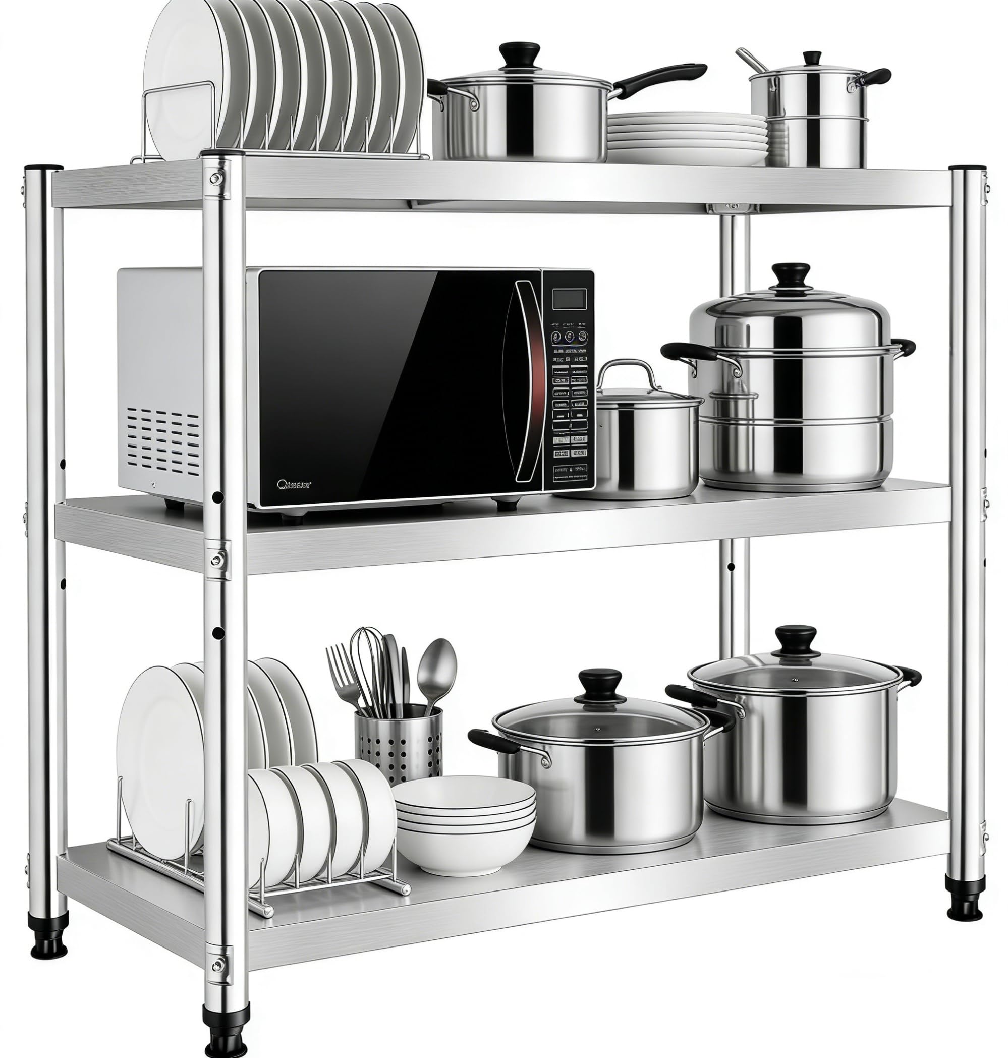 Estantería de acero inoxidable con 3 estantes, de acero inoxidable, para cocina, de metal, de acero inoxidable, para cargas pesadas, garaje, taller, almacenamiento, 80 x 80 x 40 cm