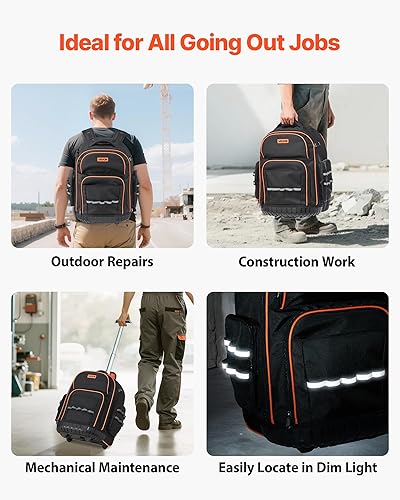 Miniatura 6 de VEVOR Mochila para herramientas rodantes, capacidad de carga de 110 libras, 45 bolsillos, bolsa de herramientas resistente sobre ruedas, mango