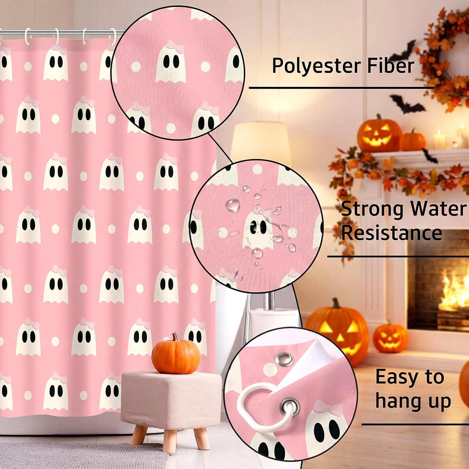 Boao 4 Pcs Pink Ghost Halloween Bathroom Shower Curtain Set 71"x71" - Cute image 3