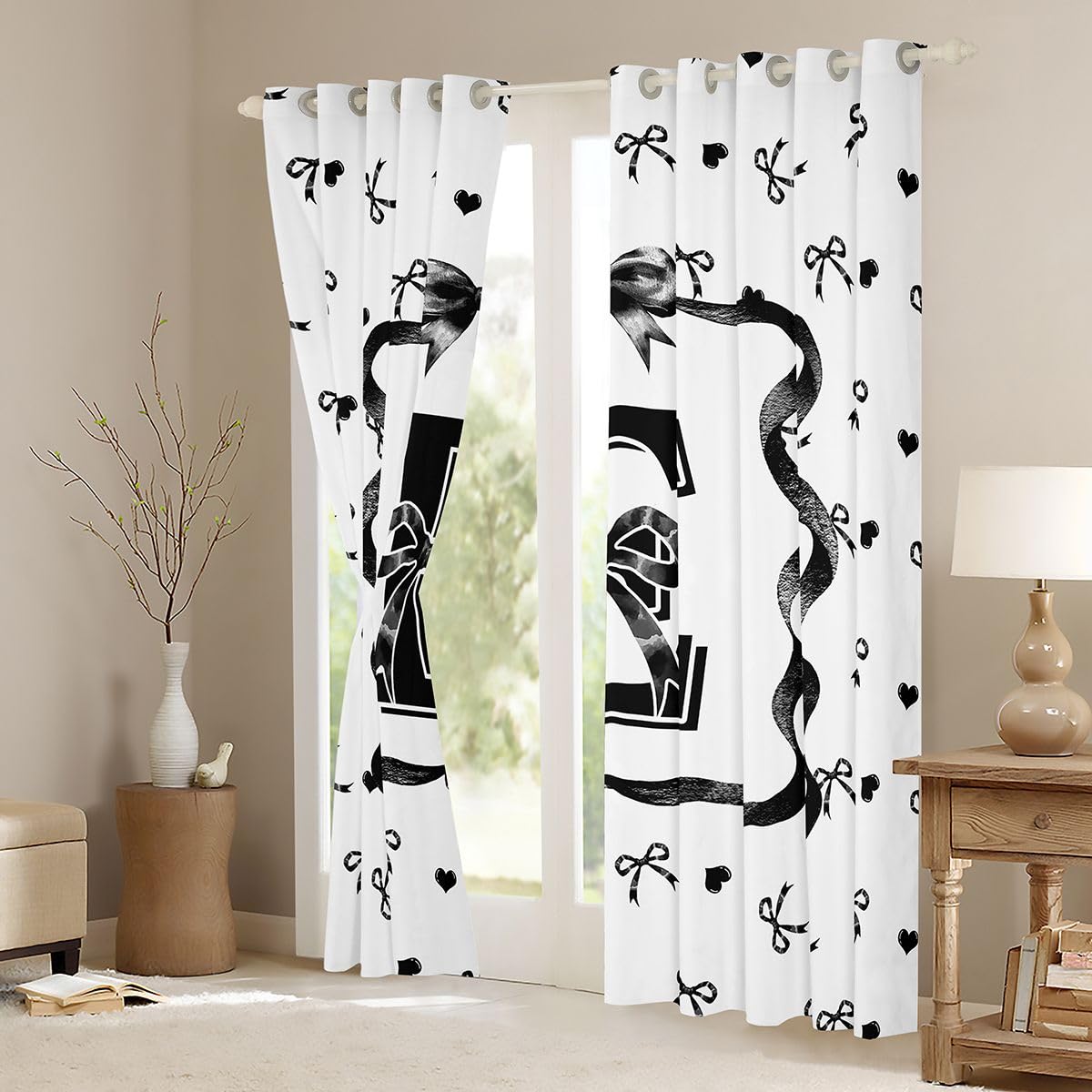 Homewish Czarno-białe zasłony okienne z kokardą, 117 x 137 cm, 2 zestawy paneli – inicjał E muszka zasłony zaciemniające, czarna wstążka, kokardki, zasłony okienne, urocza kokardka do