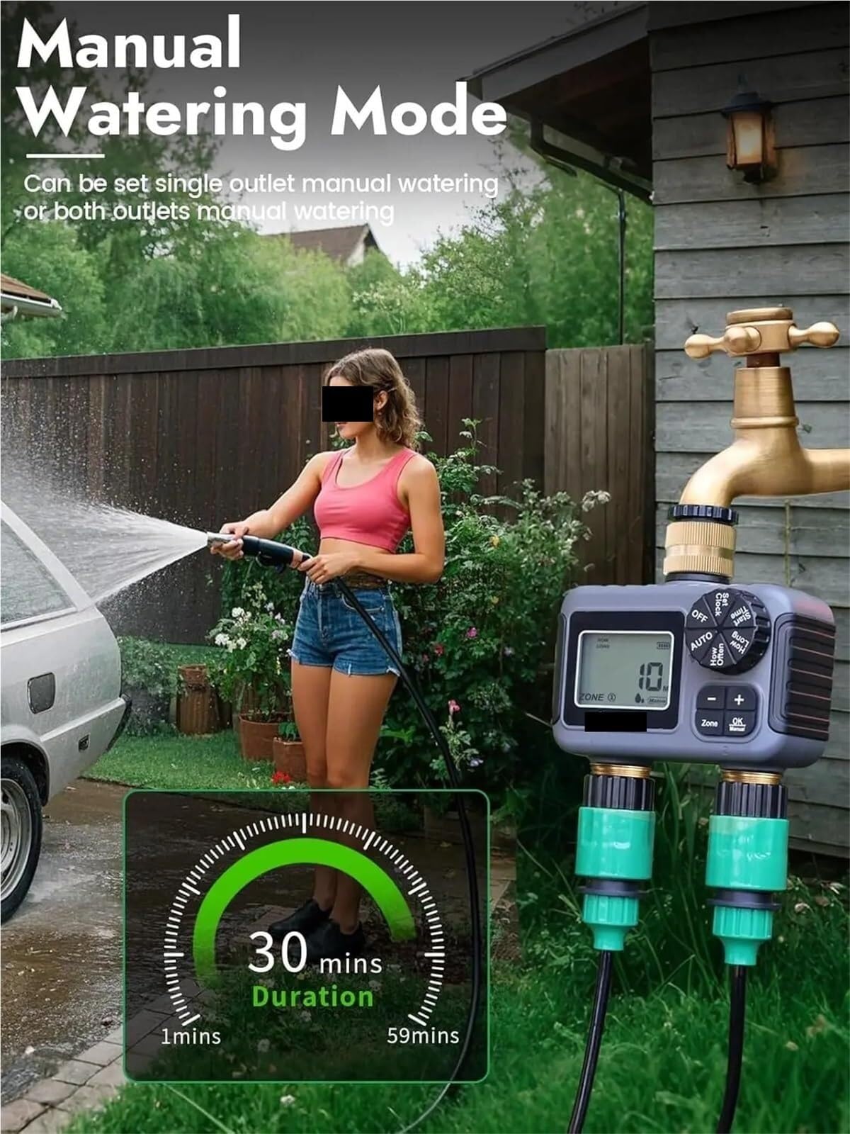 Temporizador Riego, Temporizador De Riego Inteligente con Dos Salidas, Programador Grifo Agua Automático, Manguera para Jardín Y Exterior, 2 Uds para Jardín