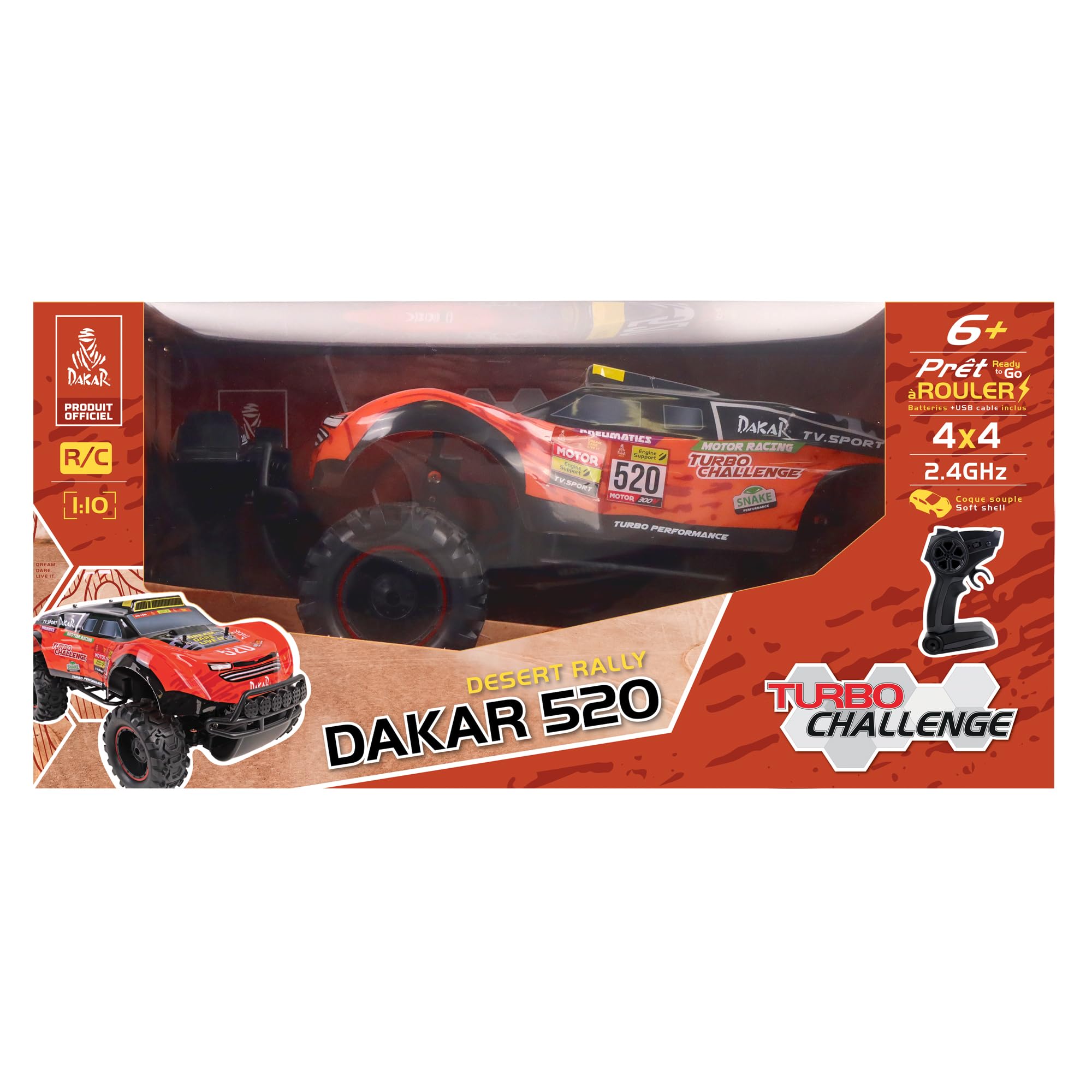 TURBO CHALLENGE - Samochód licencjonowany Dakar - Rajd - 098412 - Samochód zdalnie sterowany - Pomarańczowy - 1/10 - Gotowy do jazdy - W zestawie akumulator do ładowania i baterie - Plastik - Od 6 lat