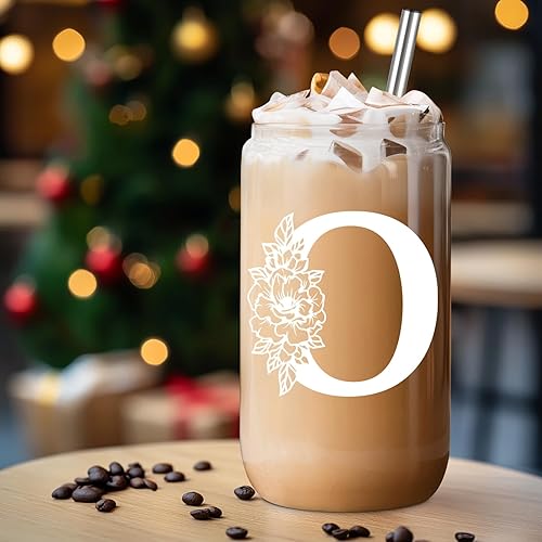 Miniatura 168 de Coolife Vaso de vidrio con inicial, regalos con monograma para mujer, tazas de vidrio de 16 onzas con tapas y pajitas, vaso de cerveza para batido