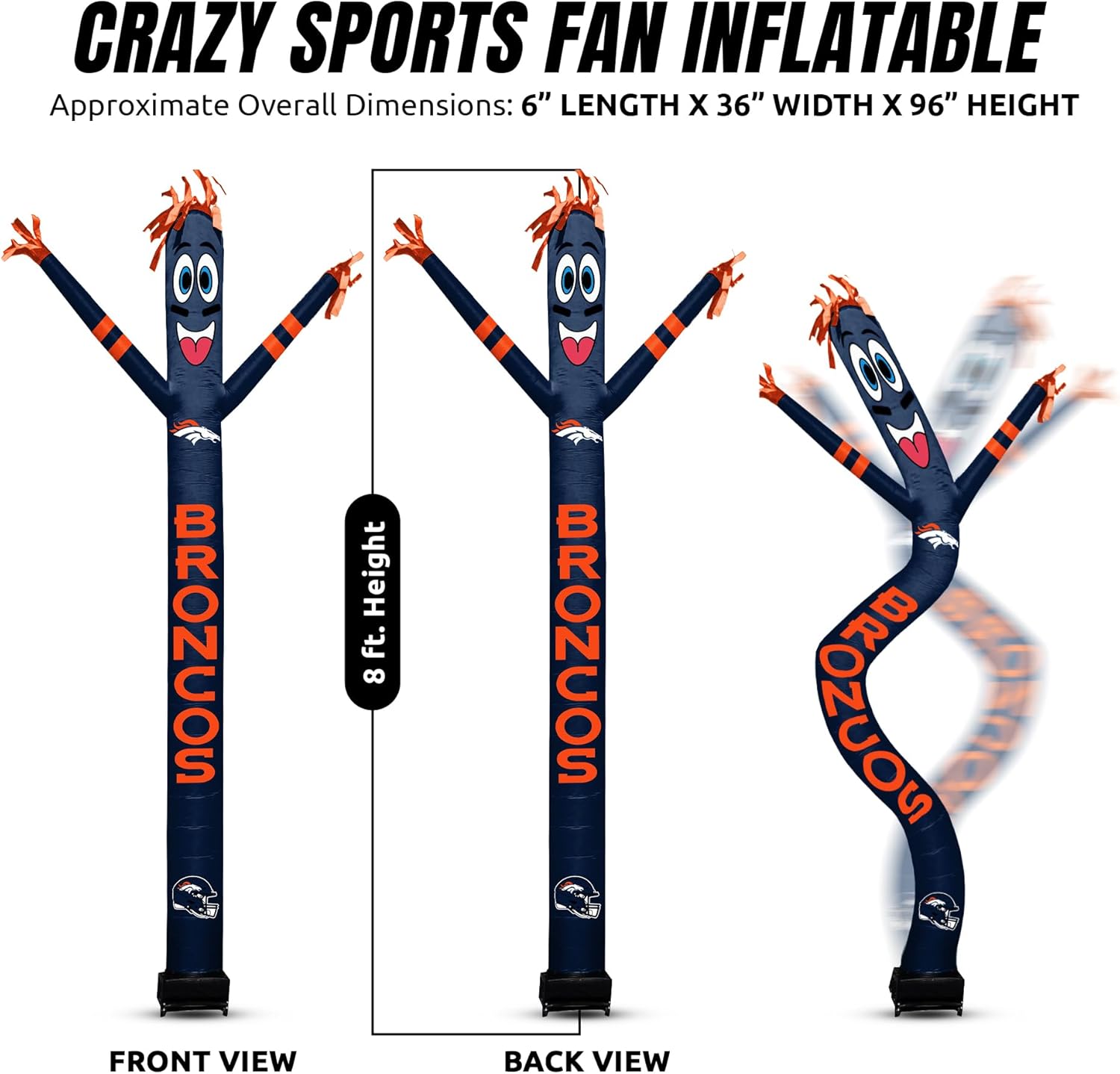 Sporticulture NFL Football Denver Broncos Wacky Waving Inflatable Tube Guy with LED Lights & Built-in Blower Air Wacky Dancers NFL Inflatable Tube Man Crazy Sports Fan Outdoor Party Decoration