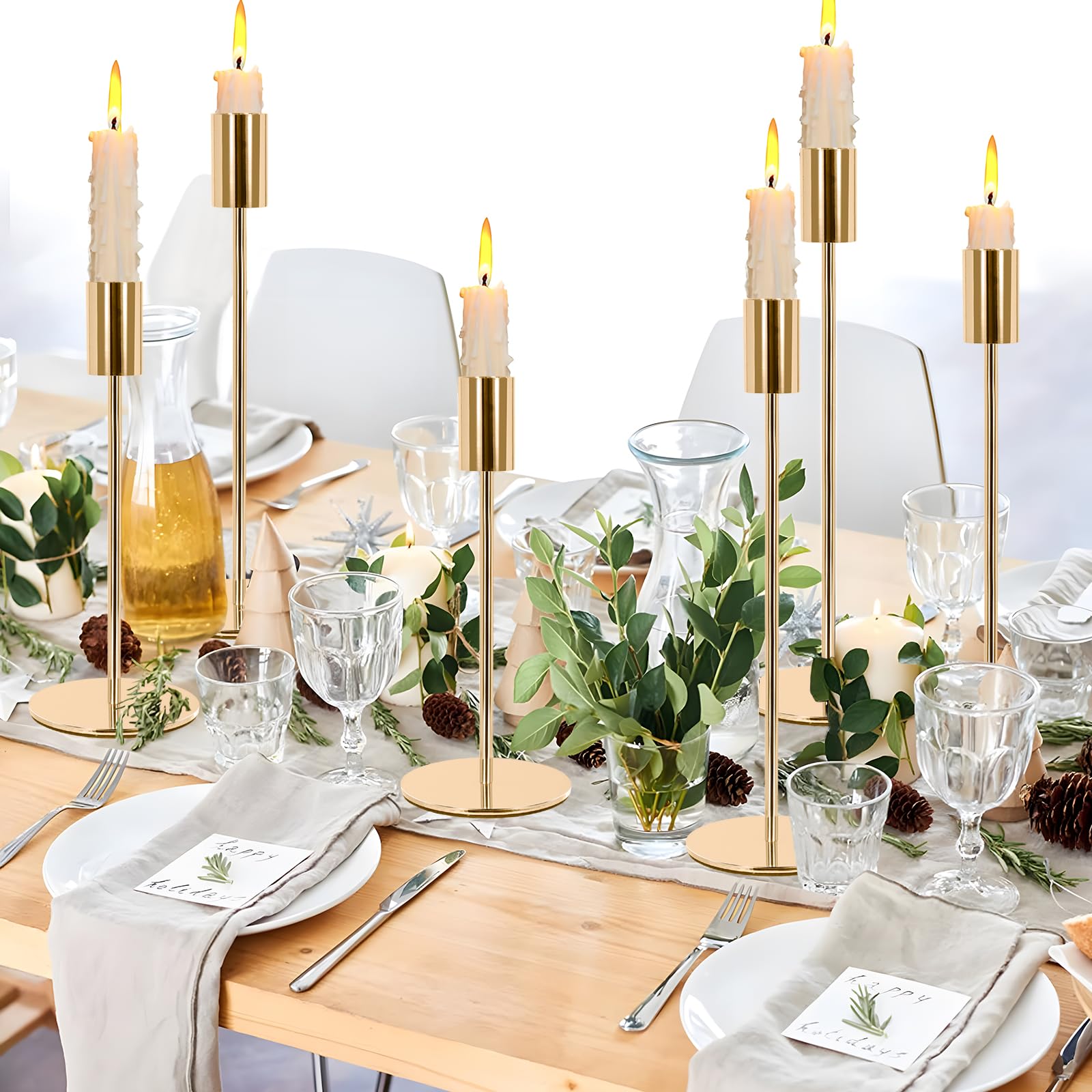MOYKSRR Portacandele in Metallo, Candelabro Set di 6 Oro Portacandele Tre Diverse Dimensioni 22.3/27.2/32.1cm, per Candele Coniche da 2.2cm, Candeliere per Matrimoni, Compleanni, Natale, Cena a Lume