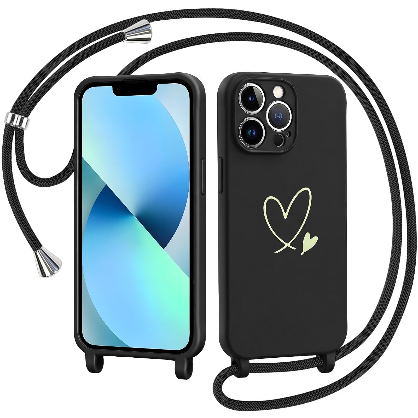 Ciciber Ttusy Handyband für iPhone 14 pro max Hülle mit Band, Weiche Silikon Handyhülle mit Herzmuster, Abnehmbarer Nylon-Lanyard als Umhängeband, Stoßfest, Schwarz
