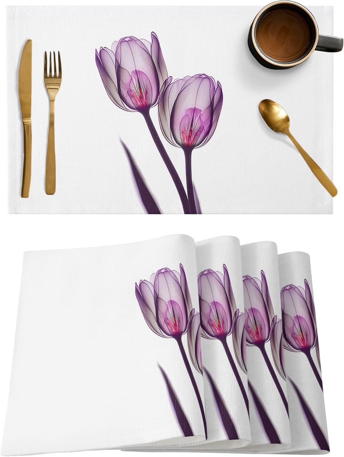 Washable Placemats Set of 6, Abstract Transparent Purple Flower Tulip Heat Resistant Dining Table Mats, Foldable Place Mats for Kitchen Decor Accessories Table Protective Pad Indoor/Outdoor(13"x19")