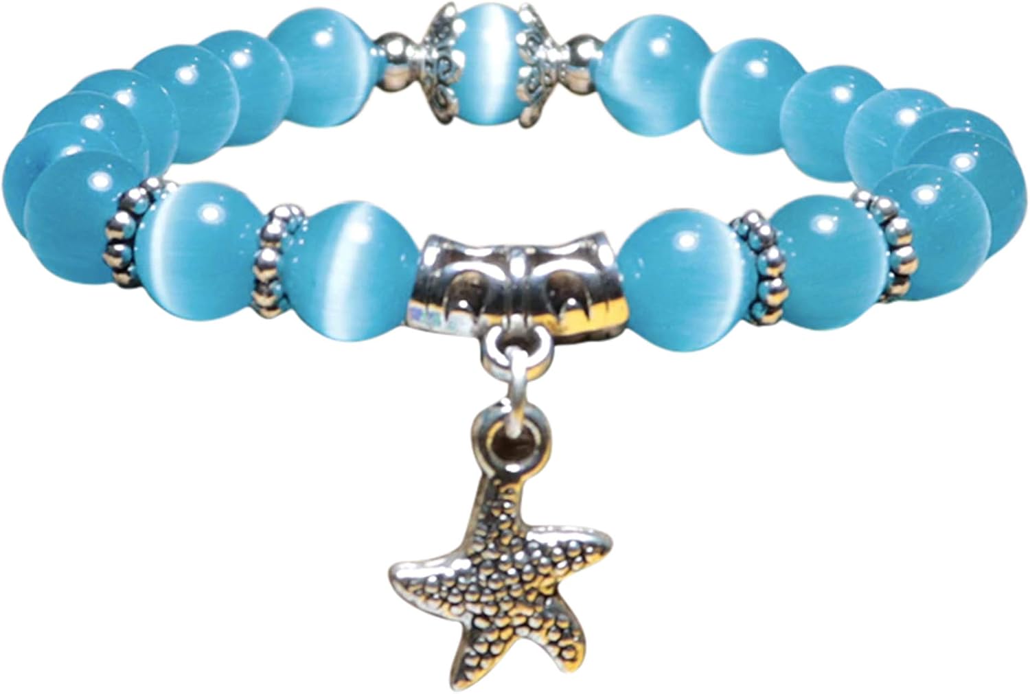Aqua Blue Stretch Bracelet with Silver Starfish Charm, Cat’s Eye Beads