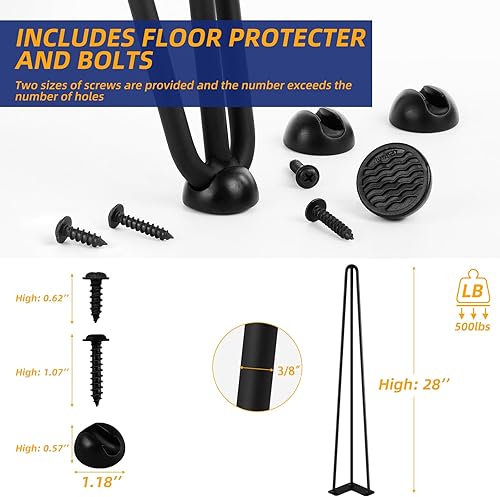 Miniatura 4 de ROTHLEY Patas de mesa de horquilla de 28 pulgadas, 3 varillas sólidas de metal para mesa, juego de 4 patas de escritorio resistentes con protectores