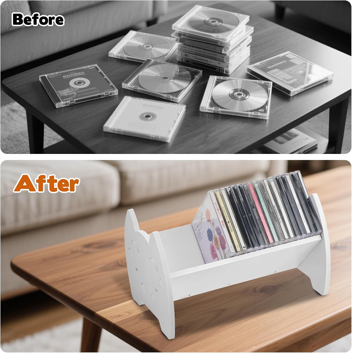 Rainmae CD Holder Desk Video Game Storage Organizer, PVC DVD Storage Rack with Cute Smile Face, Game Box Display Stand for DVDs PS4 PS5 Video Cases Books, Holds 30 CD Case, Easy Assembly, White