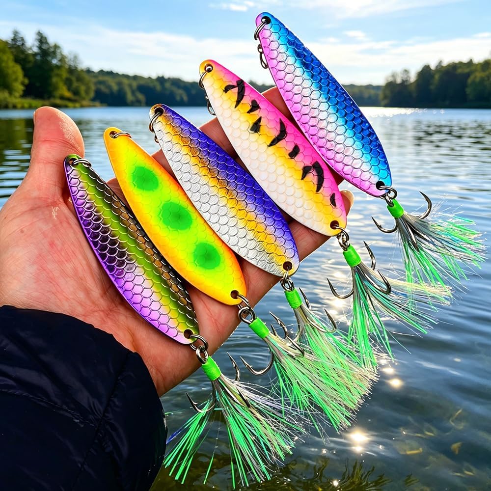 PROBEROS Fishing Lures Spoons - Metal Casting Fishing Spoon - Bass Hard Lure Blade Fish Baits Set Gold Silver