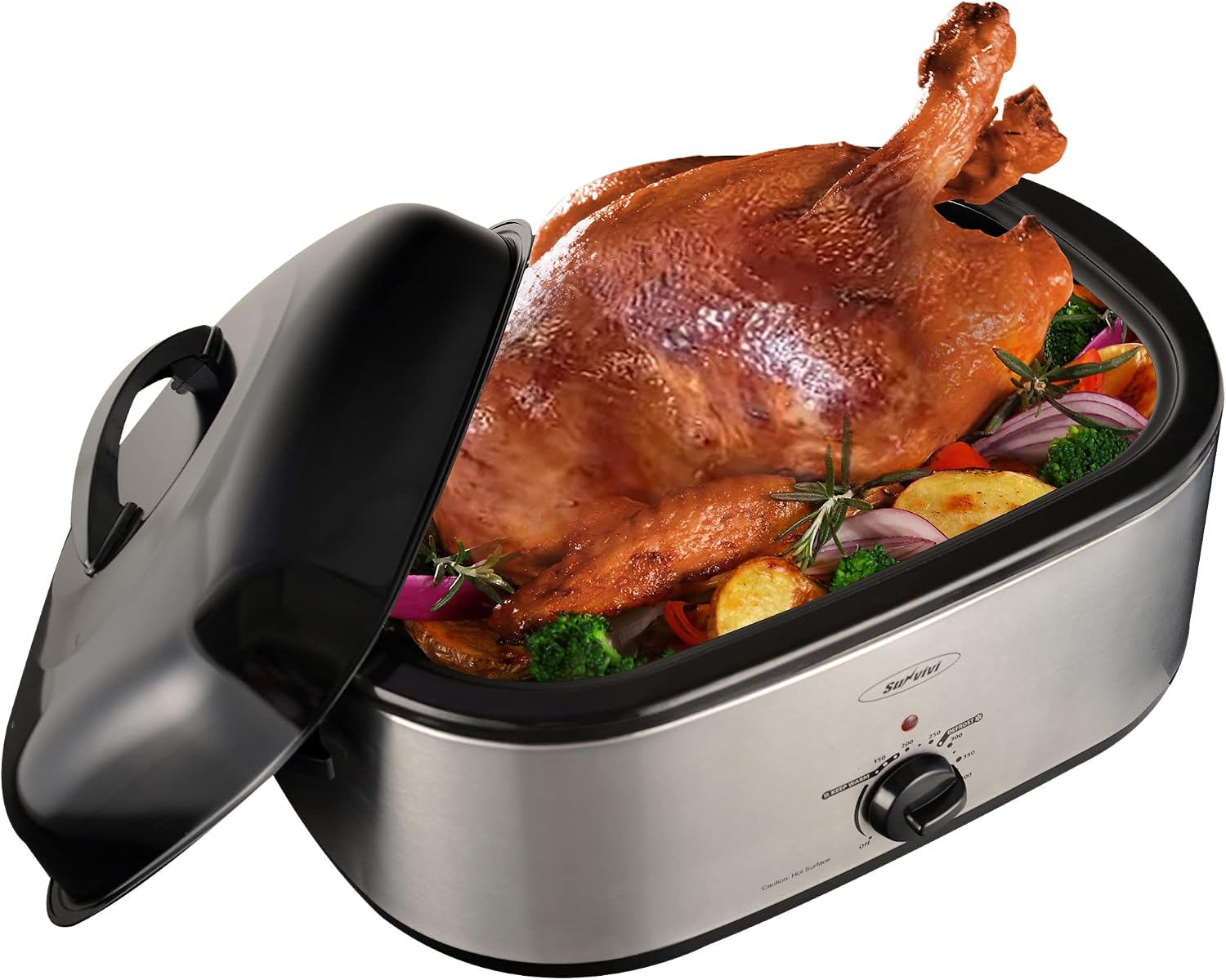 Amazon.com: Horno eléctrico de 20 cuartos de galón, horno de asador de pavo  con bandeja extraíble, control de temperatura de rango completo y asas de  tacto frío, cuerpo plateado y tapa negra :