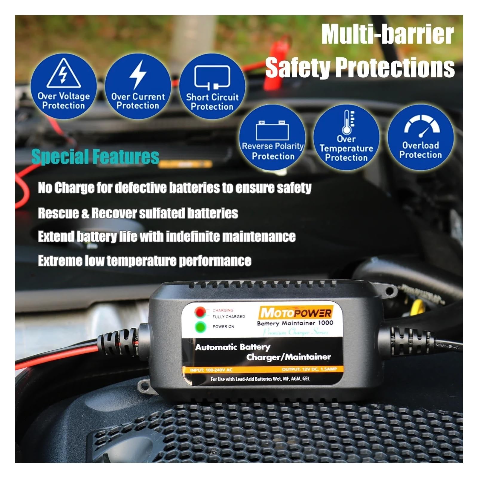 Chargeur de Batterie, Chargeur/mainteneur de batterie intelligent entièrement automatique 12 V 1,5 A for voiture, camion, bateau et moto
