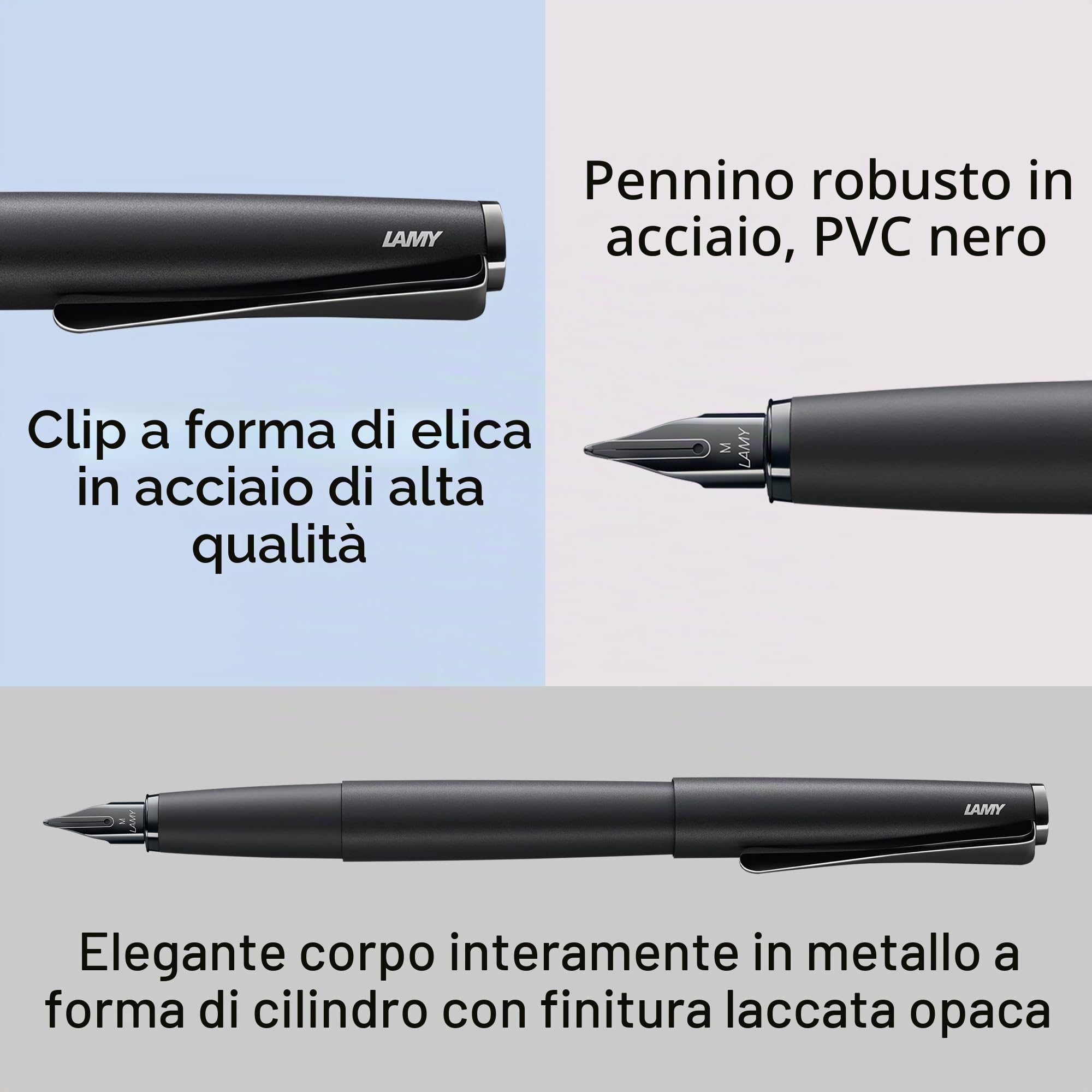 Lamy Studio 066 - Penna stilografica in acciaio inox, finitura morbida nera con una clip a forma di elica, spessore M 1 pezzo (confezione da 1)