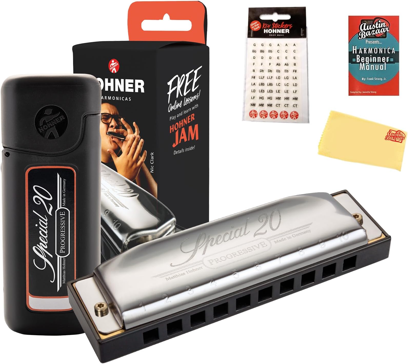 - Special 20 Harmonica - Key of C Bundle with Key Stickers, Plastic Case, Instructional Manual, and Austin Bazaar Polishing Cloth