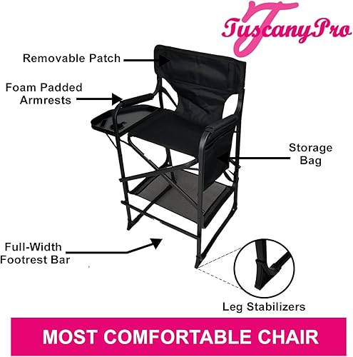 Miniatura 4 de Silla alta portátil de directores con bolsa de transporte, altura del asiento de 29 pulgadas con reposabrazos acolchados, bandeja lateral con borde