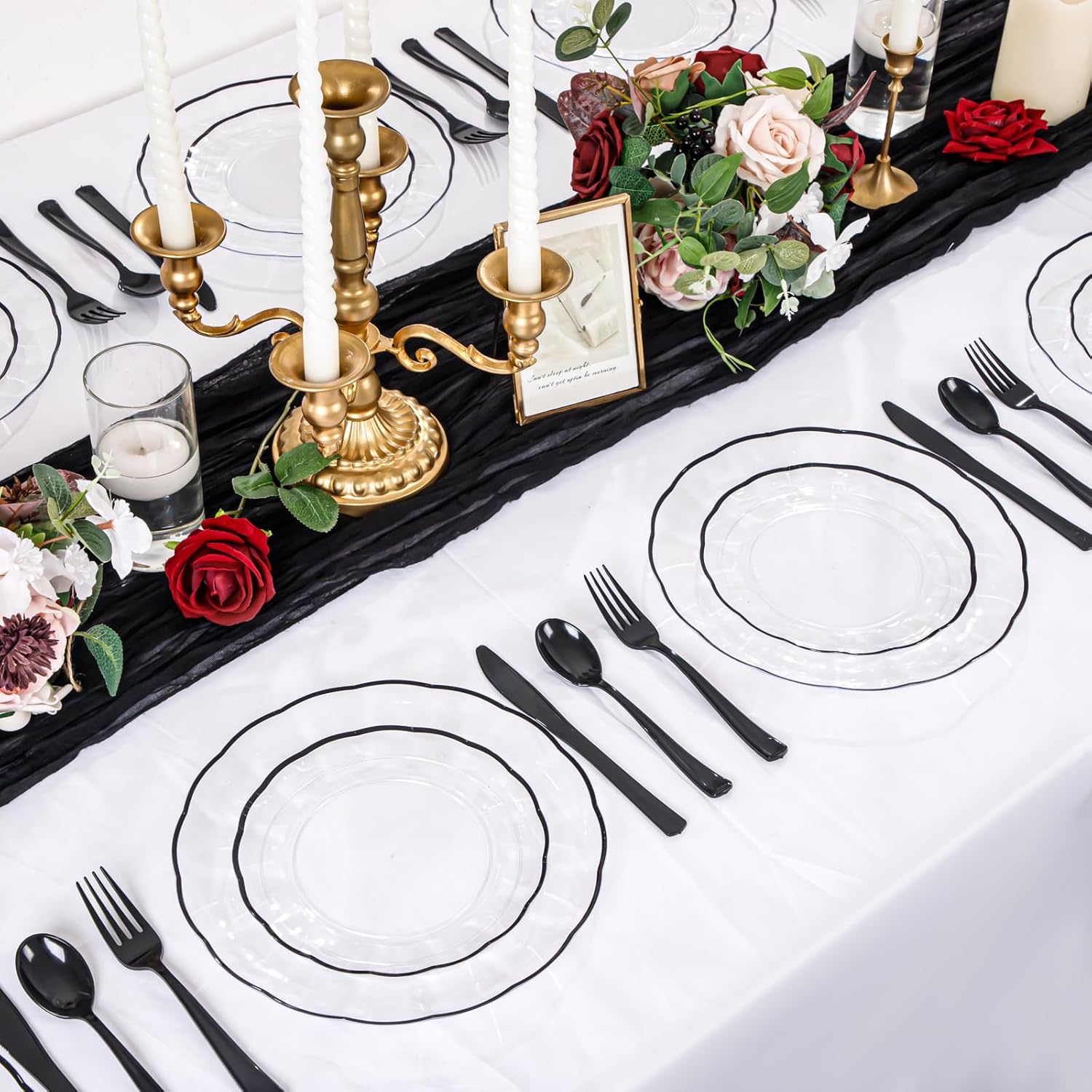 EI 150pcs Clear and Black Plastic Plates Dinnerware Disposable Party Set for 30Guests,Dinnerware Include 60 Clear Plates Disposable 90 Black Silverware,Perfect for Party,Business Events,Hotel